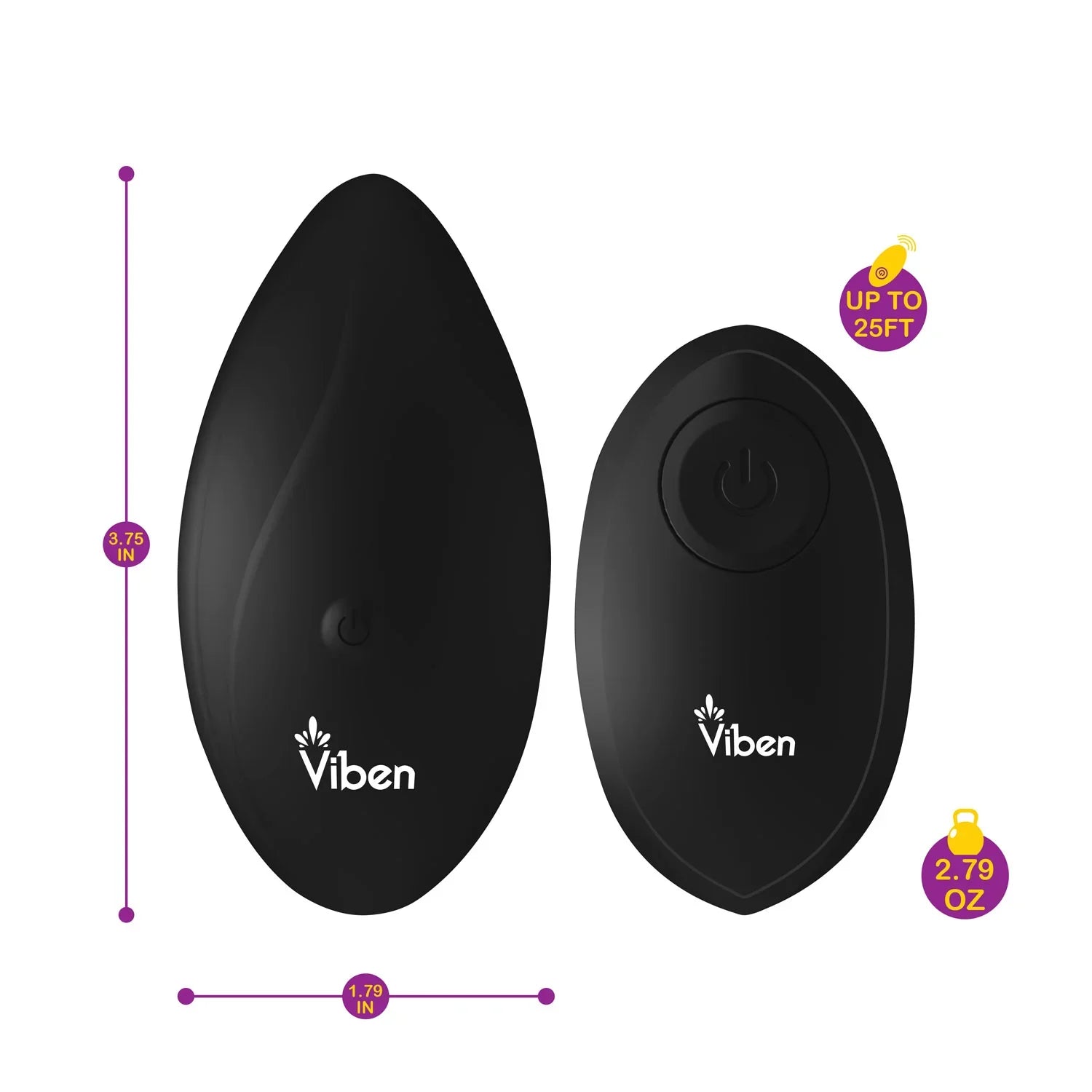 Black electronic massager with 'Viben' branding, showing measurements and weight on a white background.