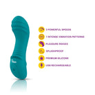 Teal toy with features listed on a white background