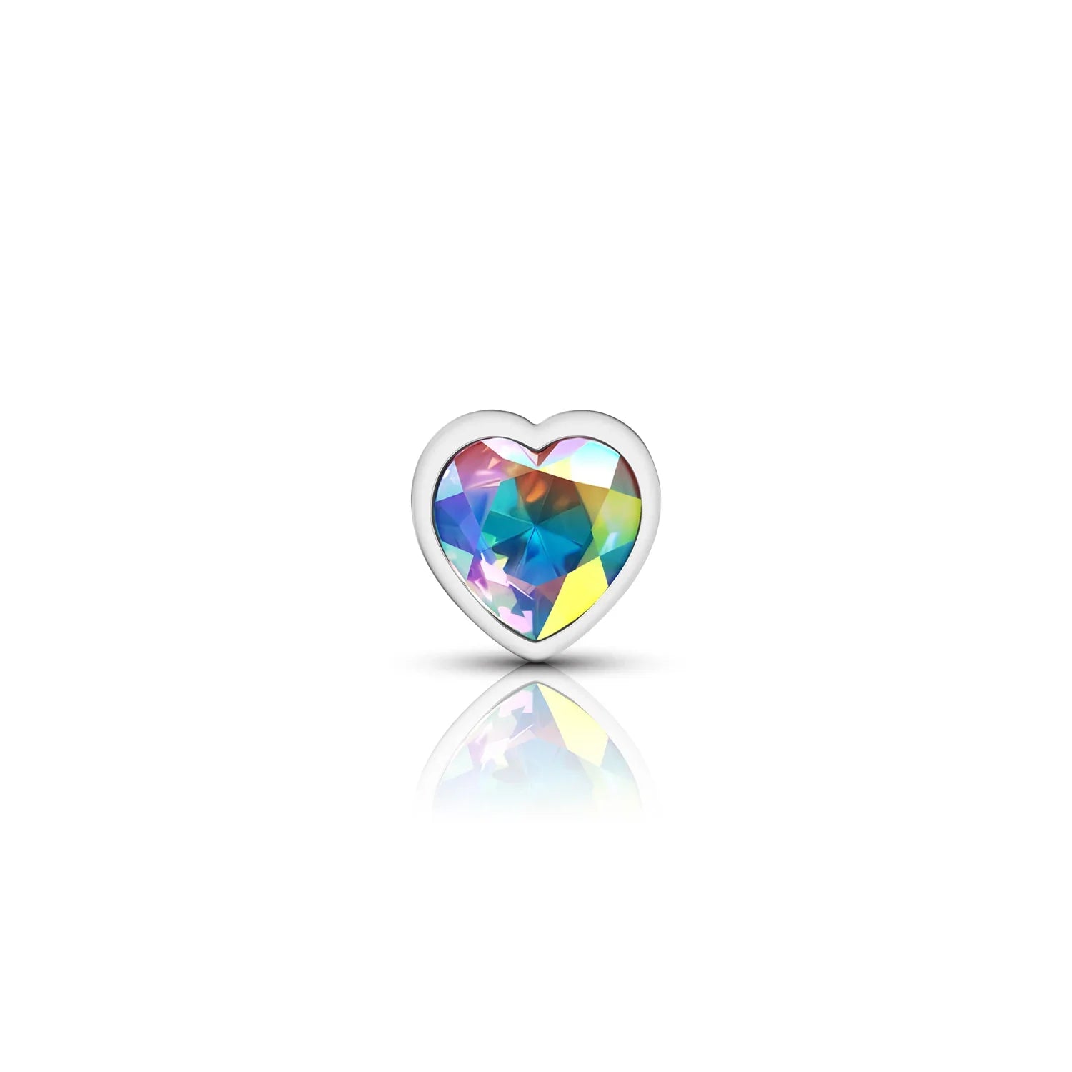 Heart-shaped jewelry charm with a multicolored gem on a white background