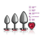 Set of three metallic butt plugs with red gemstones on a white background, featuring product details.