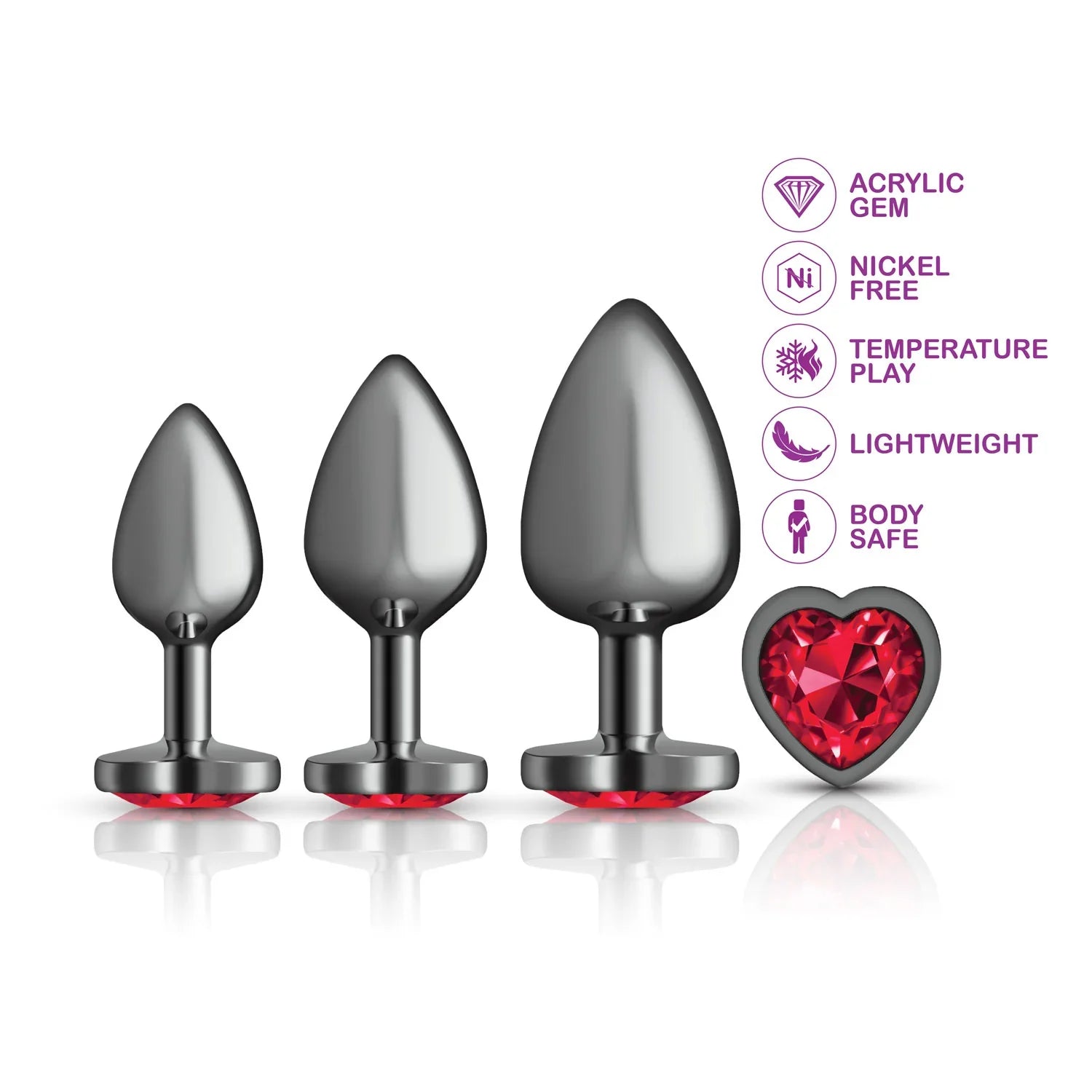 Set of three metallic butt plugs with red gemstones on a white background, featuring product details.