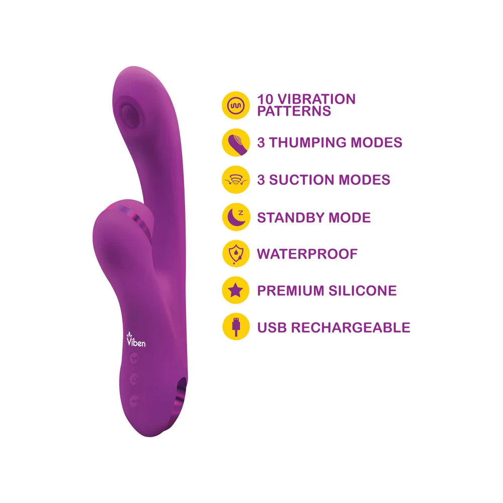 Purple electronic massager with features listed on a white background