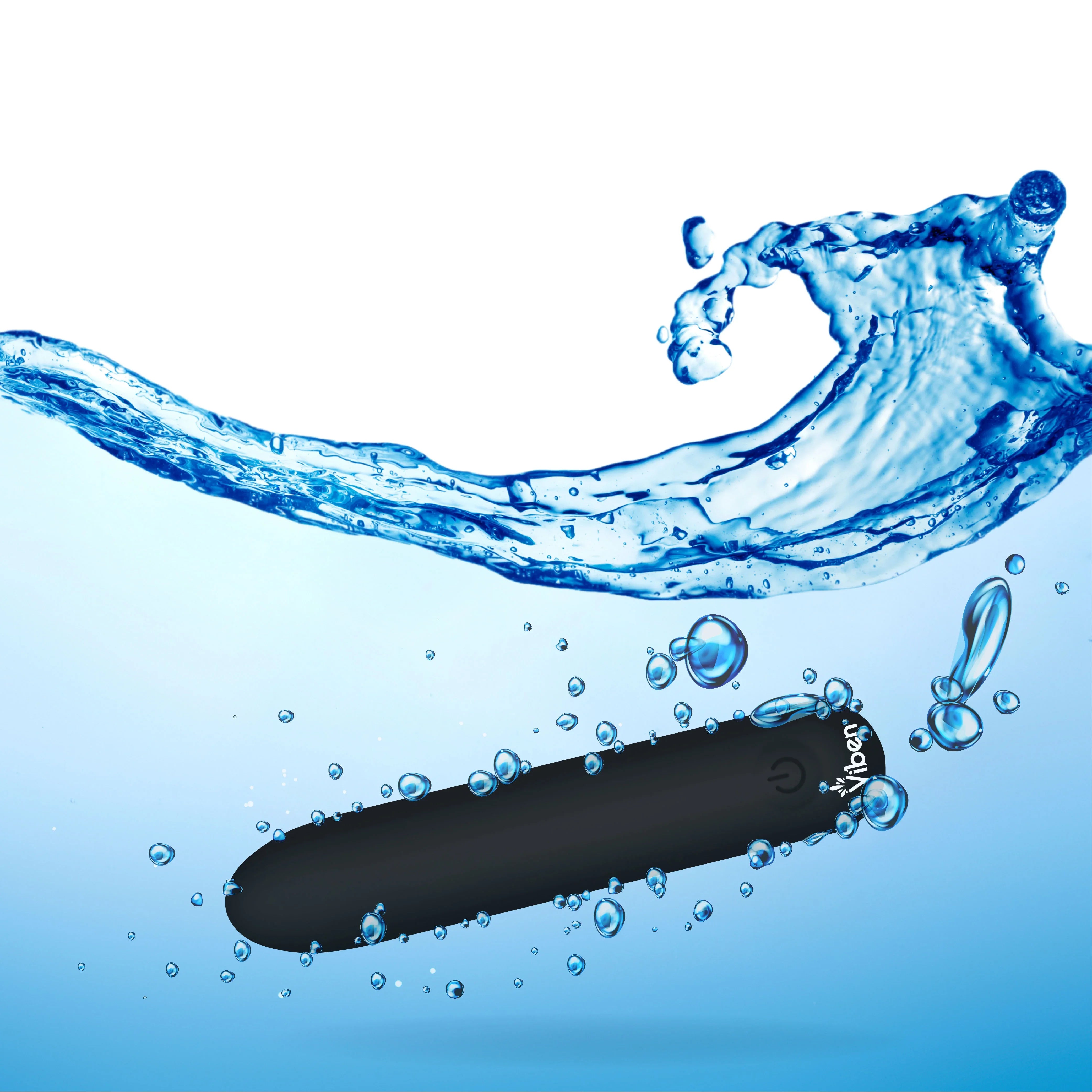 Black electronic massager with 'Viben' branding submerged in water with blue wave effects.