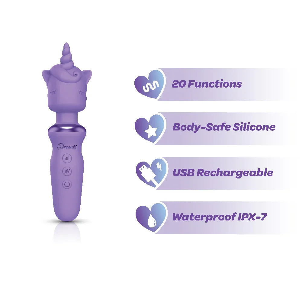 Purple unicorn-shaped electronic vibrator with text indicating features on a white background