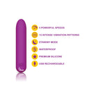 Purple vibrator with features listed on a white background