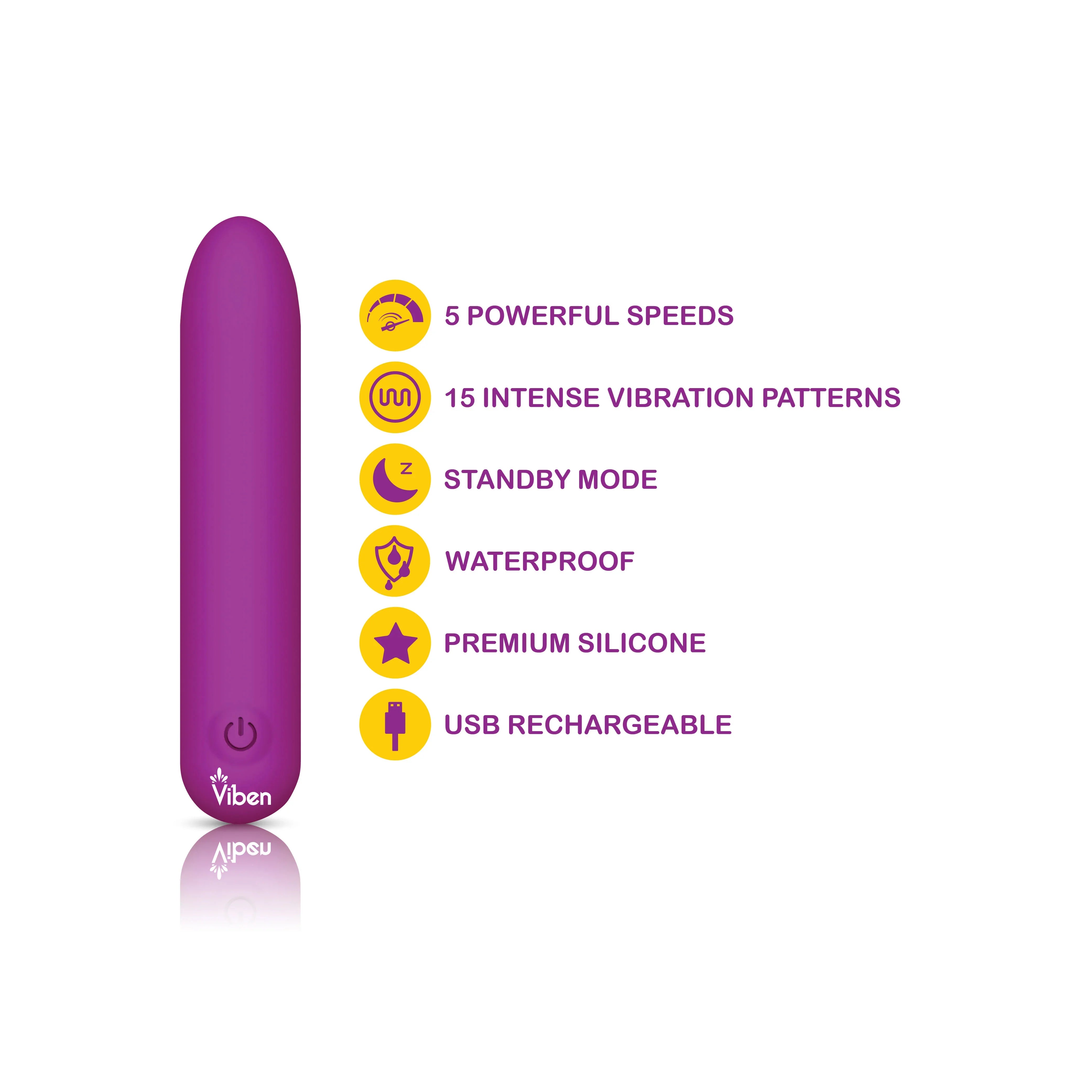 Purple vibrator with features listed on a white background