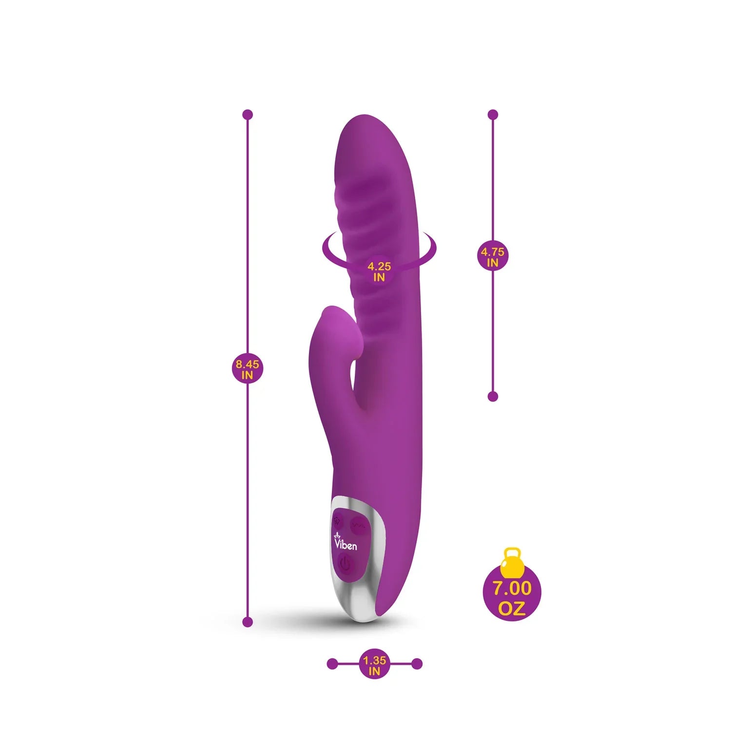 Purple toy with measurements on a white background