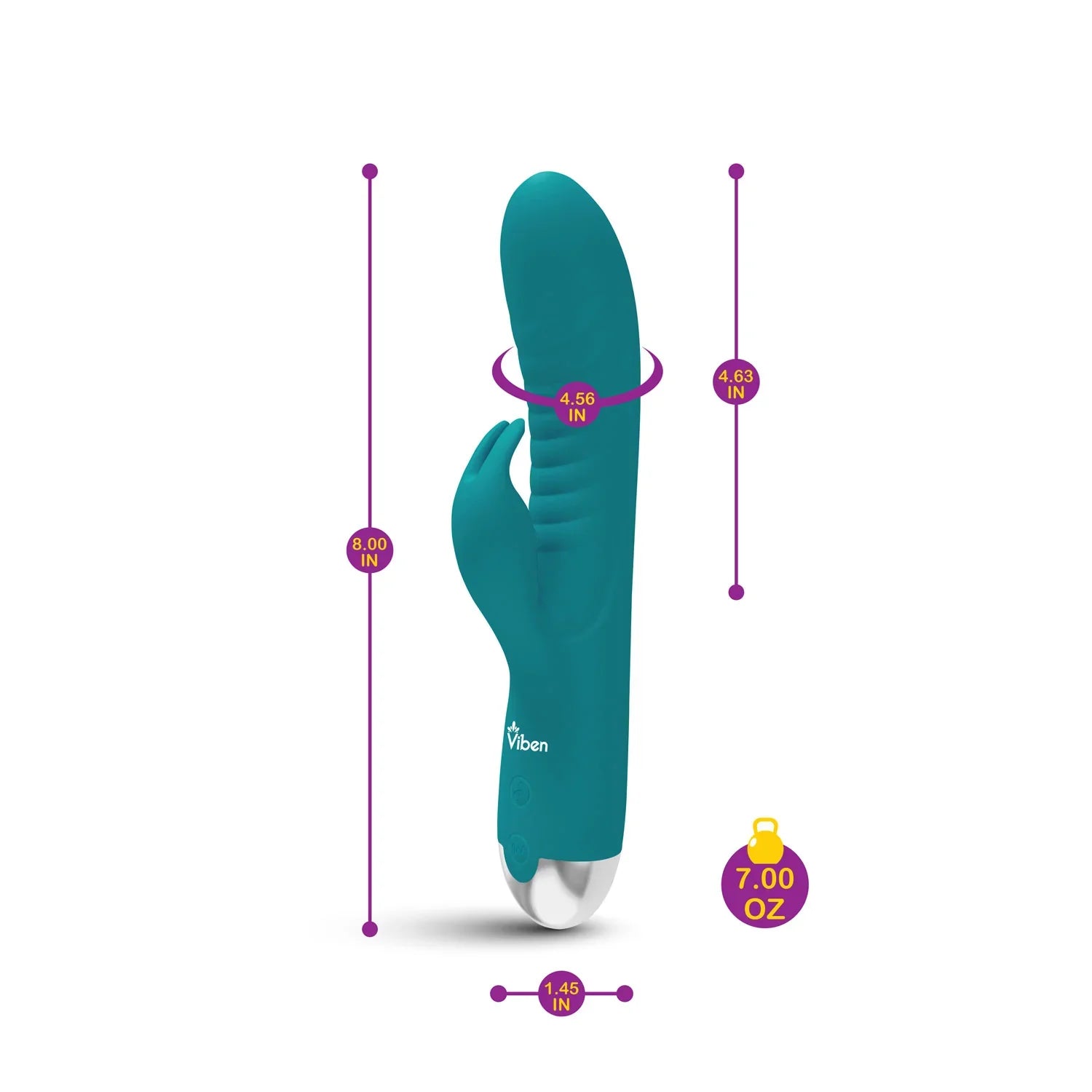 Teal Viben product with measurements on a white background