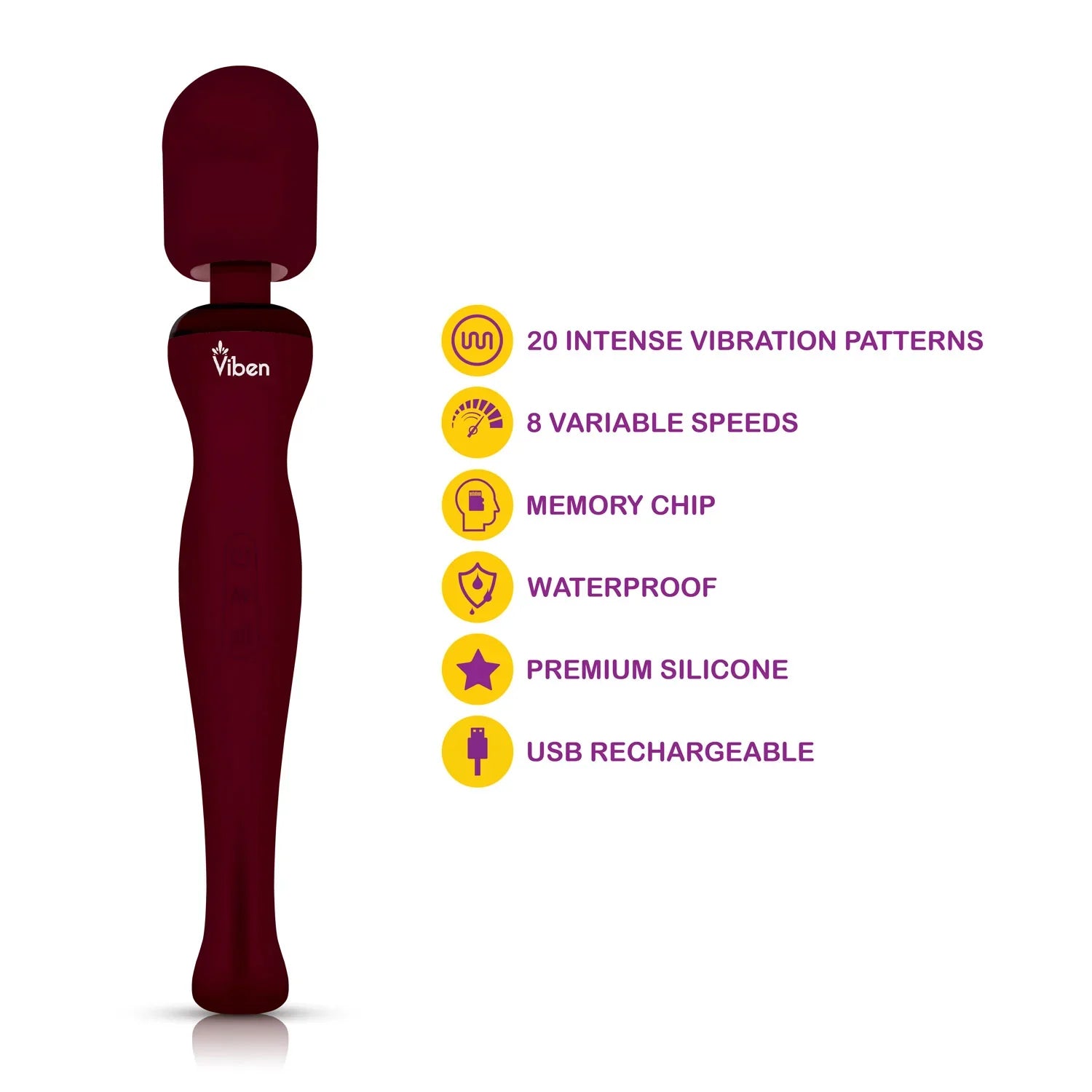 Viben massager with features listed on a white background