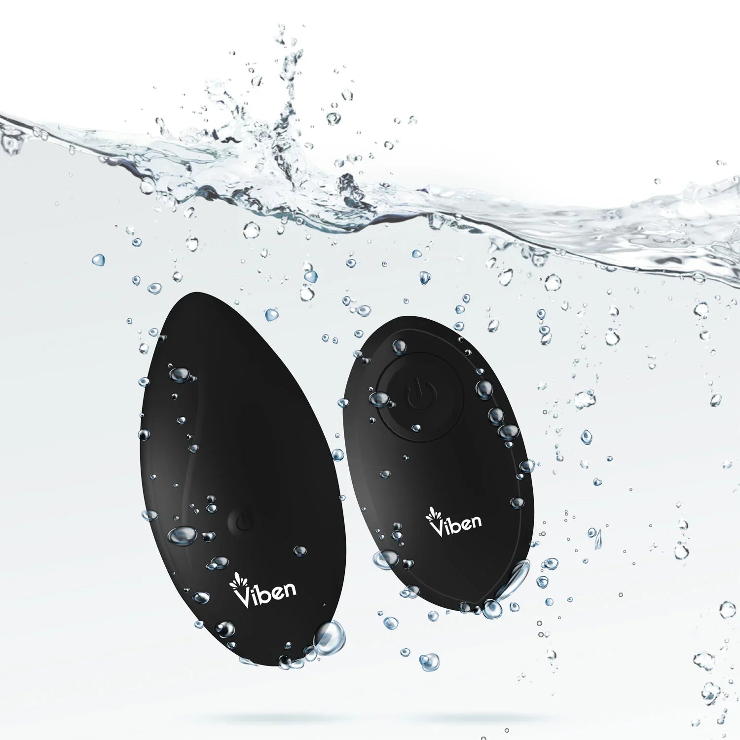 Black Viben toy with water droplets and splashes on a white background