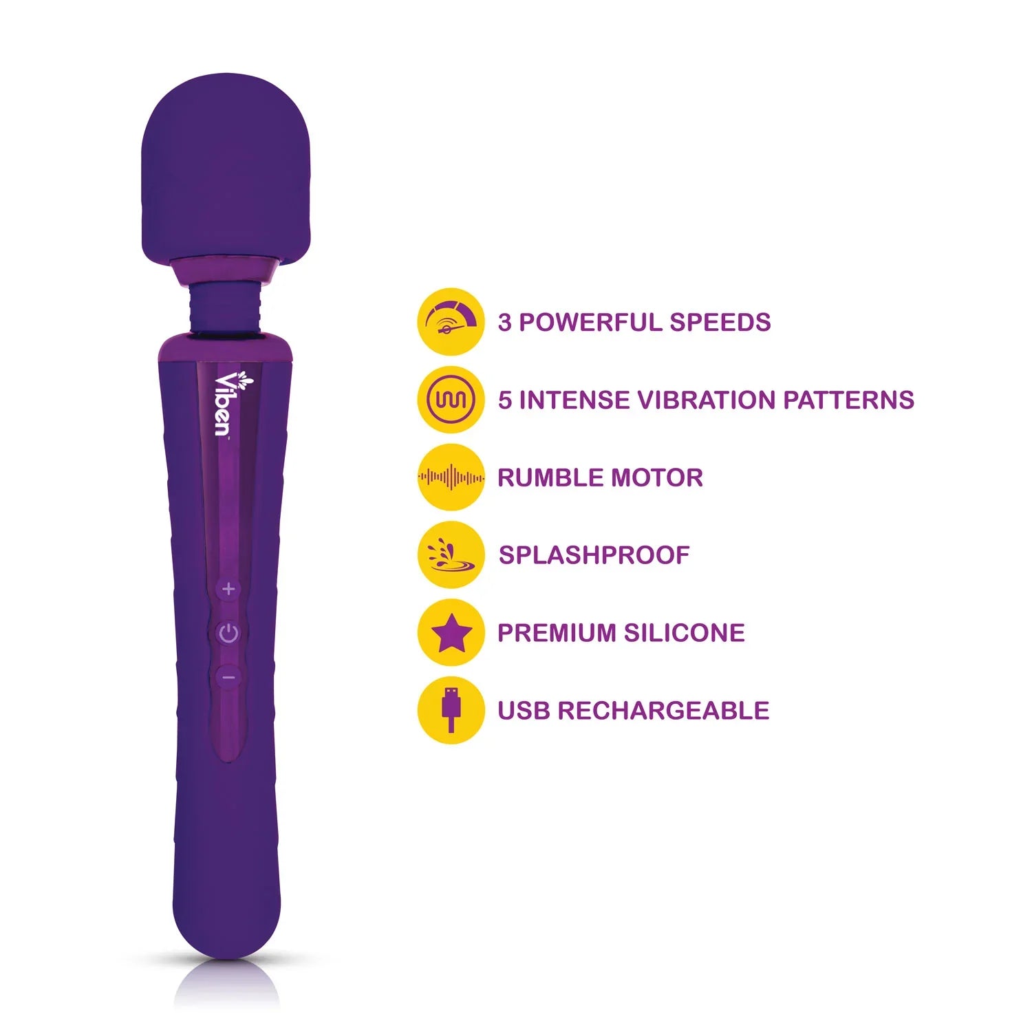 Purple handheld vibrator with features listed on a white background
