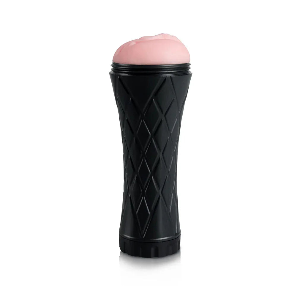 Black textured cylindrical male masturbator with pink top on a white background