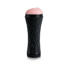 Black textured cylindrical male masturbator with pink top on a white background