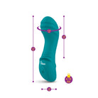 Teal massager with measurements on a white background