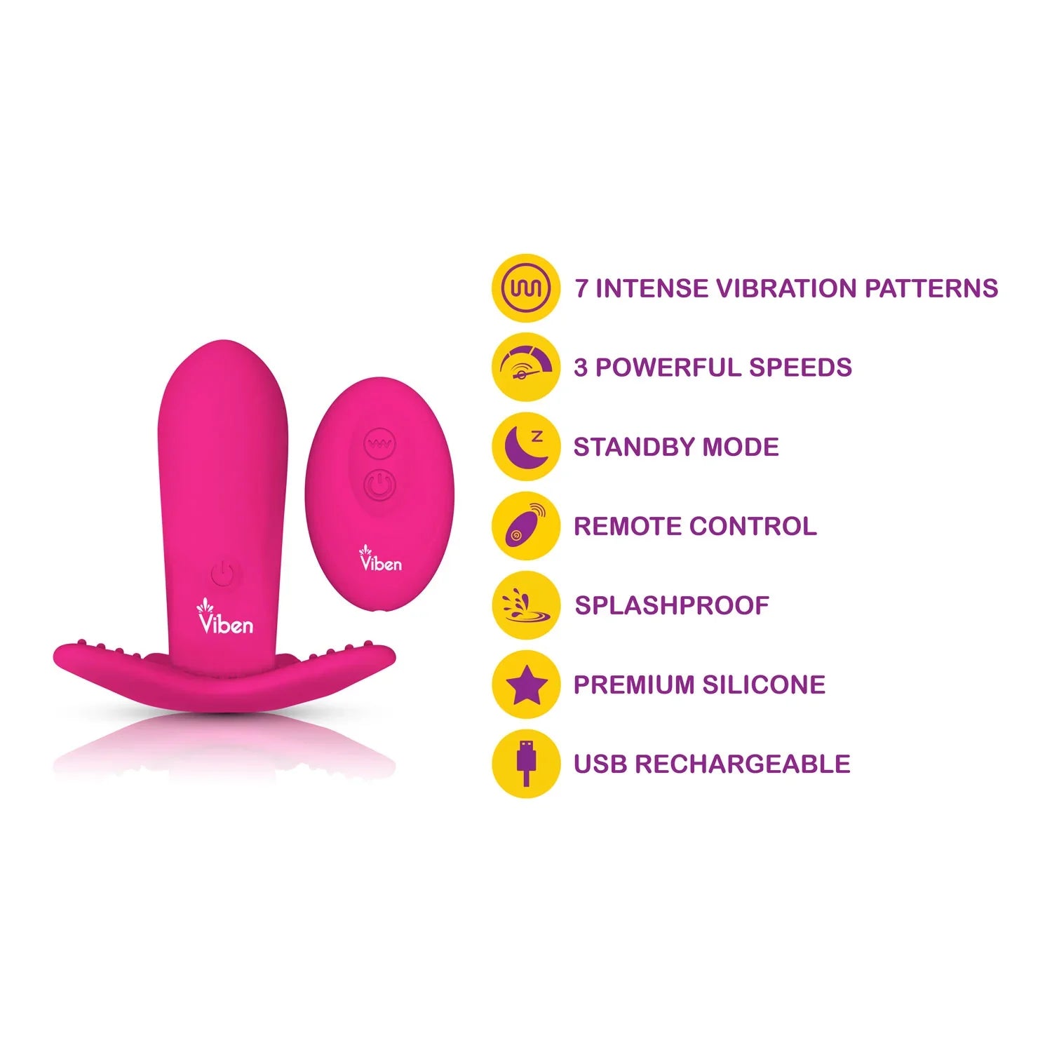 Pink electronic massager with features listed on a white background
