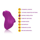 Purple electronic device with features listed on a white background