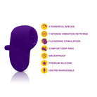 Purple electronic device with features listed on a white background