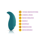 Viben Elated Teal vibrator with features listed on a white background