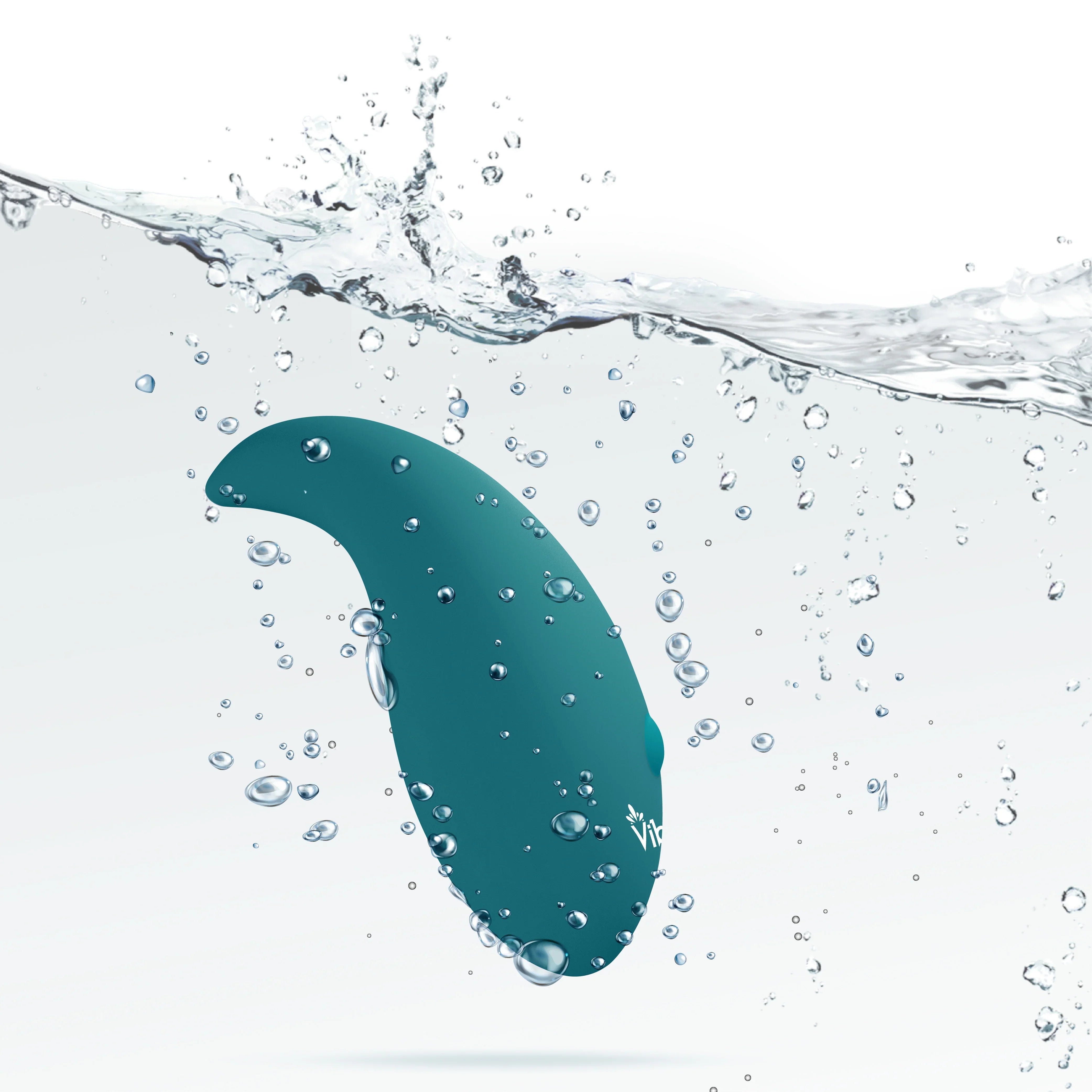 Viben Elated Teal vibrator partially submerged in water with bubbles and ripples.
