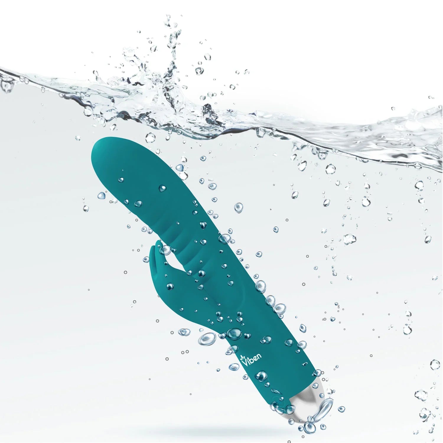 Teal toy with 'Viben' branding emerging from water on a white background