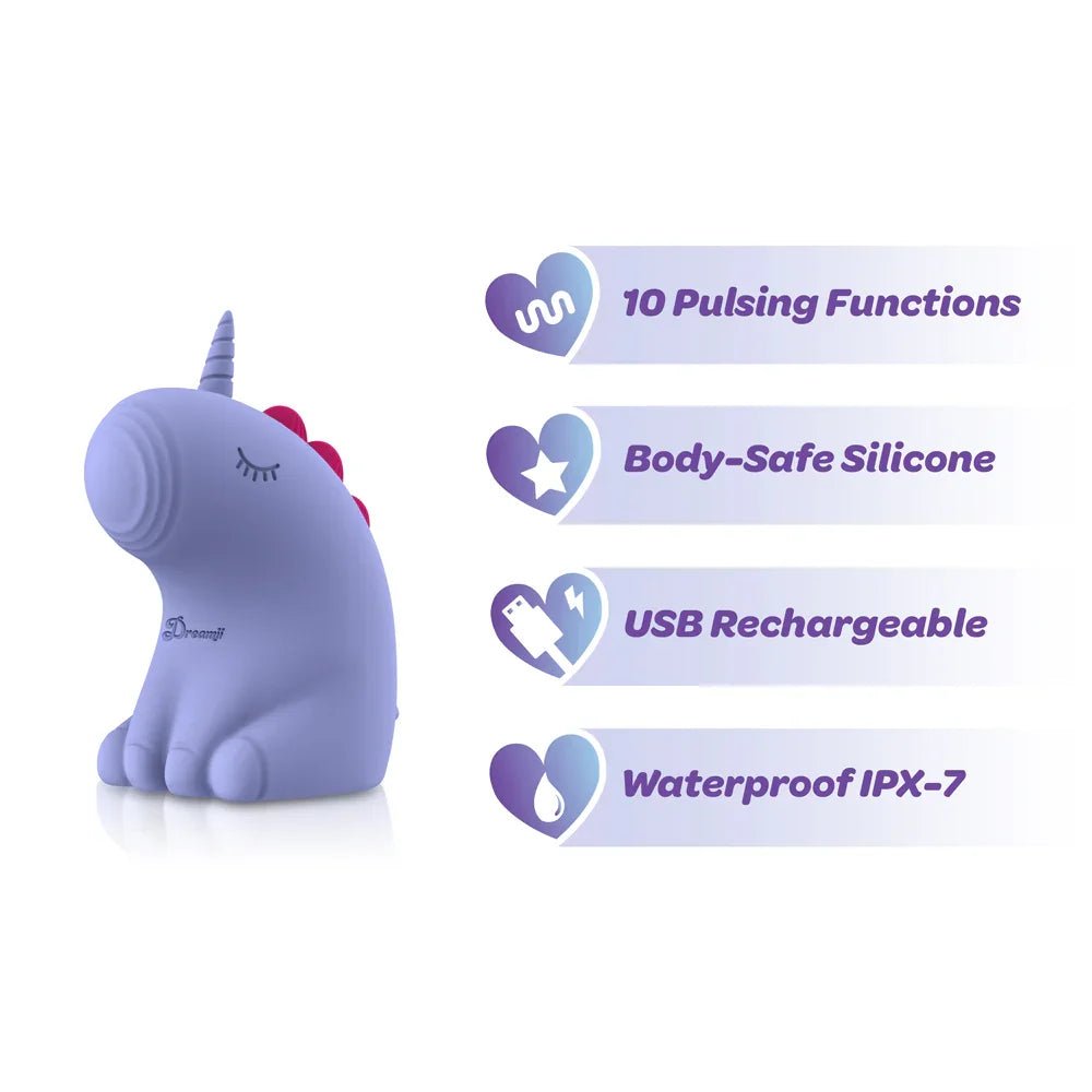 Purple unicorn-shaped vibrator with text indicating features on a white background