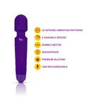 Purple electronic device with features listed on a white background