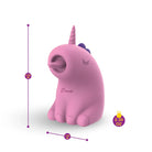 Pink unicorn-shaped vibrator with measurement indicators on a white background