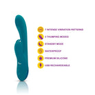 Teal electronic device with features listed on a white background
