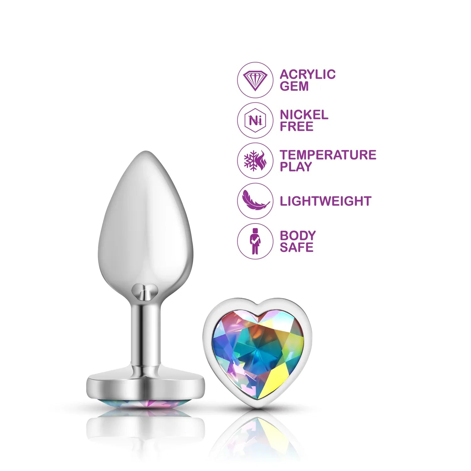 Butt plug with heart-shaped acrylic gem on a white background