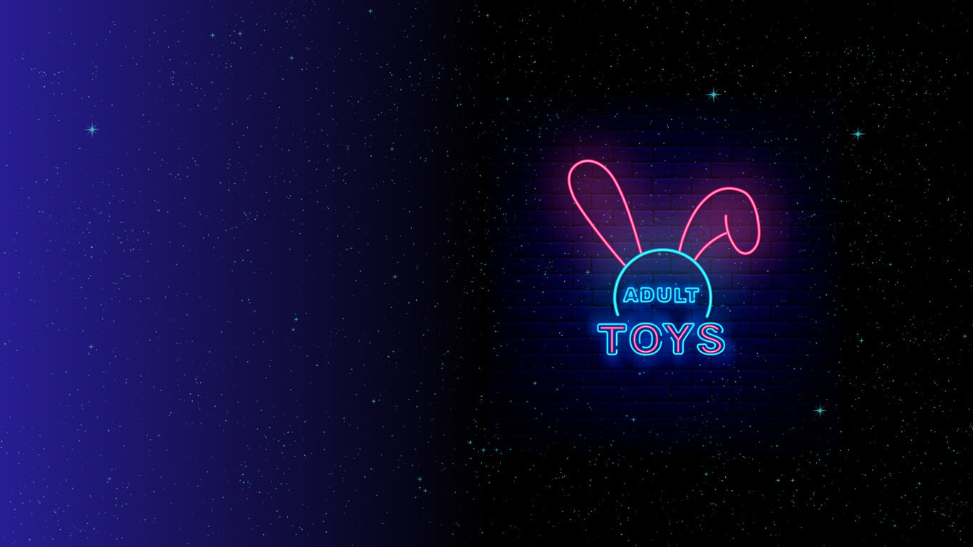 Neon sign with rabbit ears and 'Adult Toys' text on a dark background