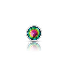 Multicolored gemstone in a silver setting on a white background