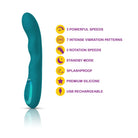 Teal massager with features listed on a white background