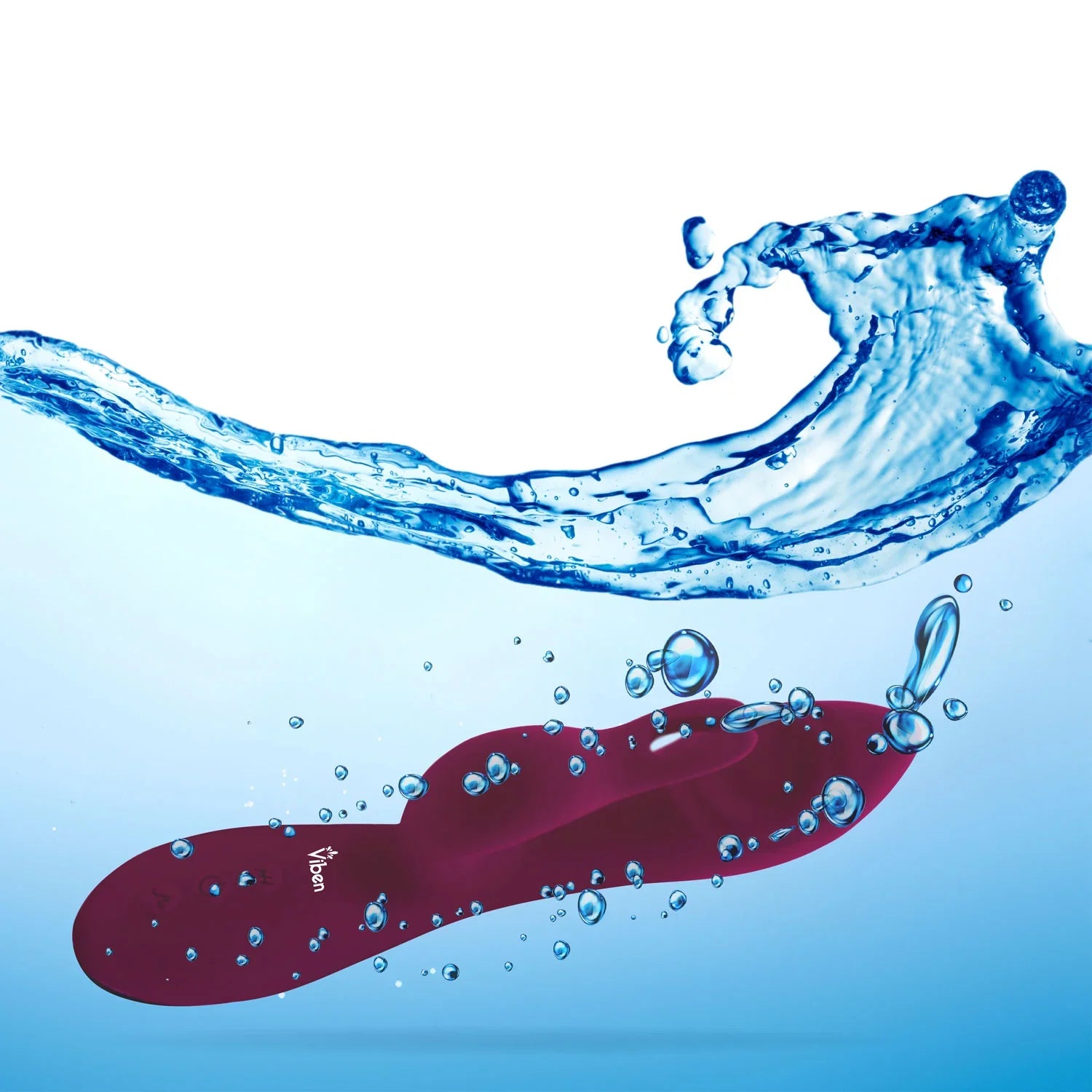 Red massager with 'Viben' branding submerged in water with a splash.