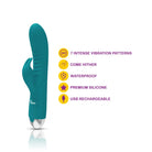 Teal silicone viben with product features on a white background
