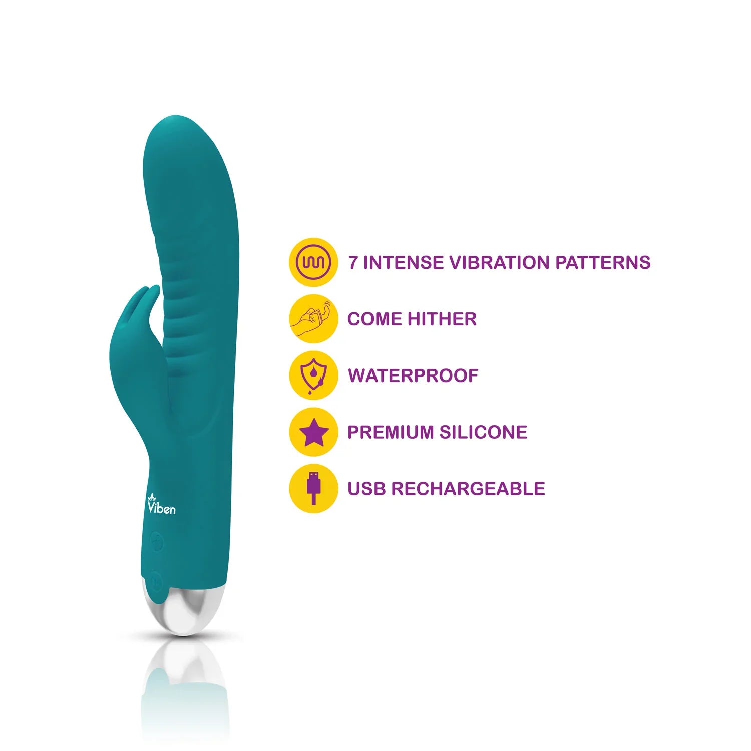 Teal silicone viben with product features on a white background