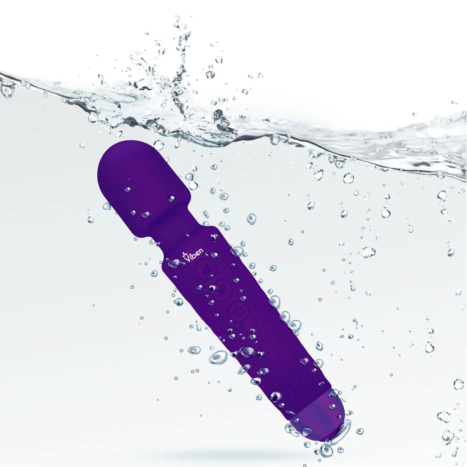 Purple electronic wand massager with 'Viben' branding submerged in water, surrounded by bubbles.