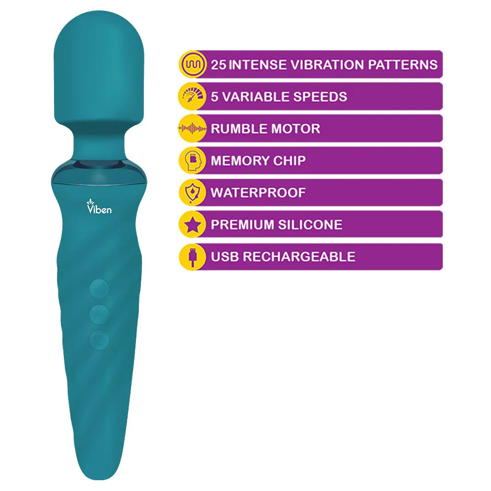 Teal Viben massager with purple feature list on a white background