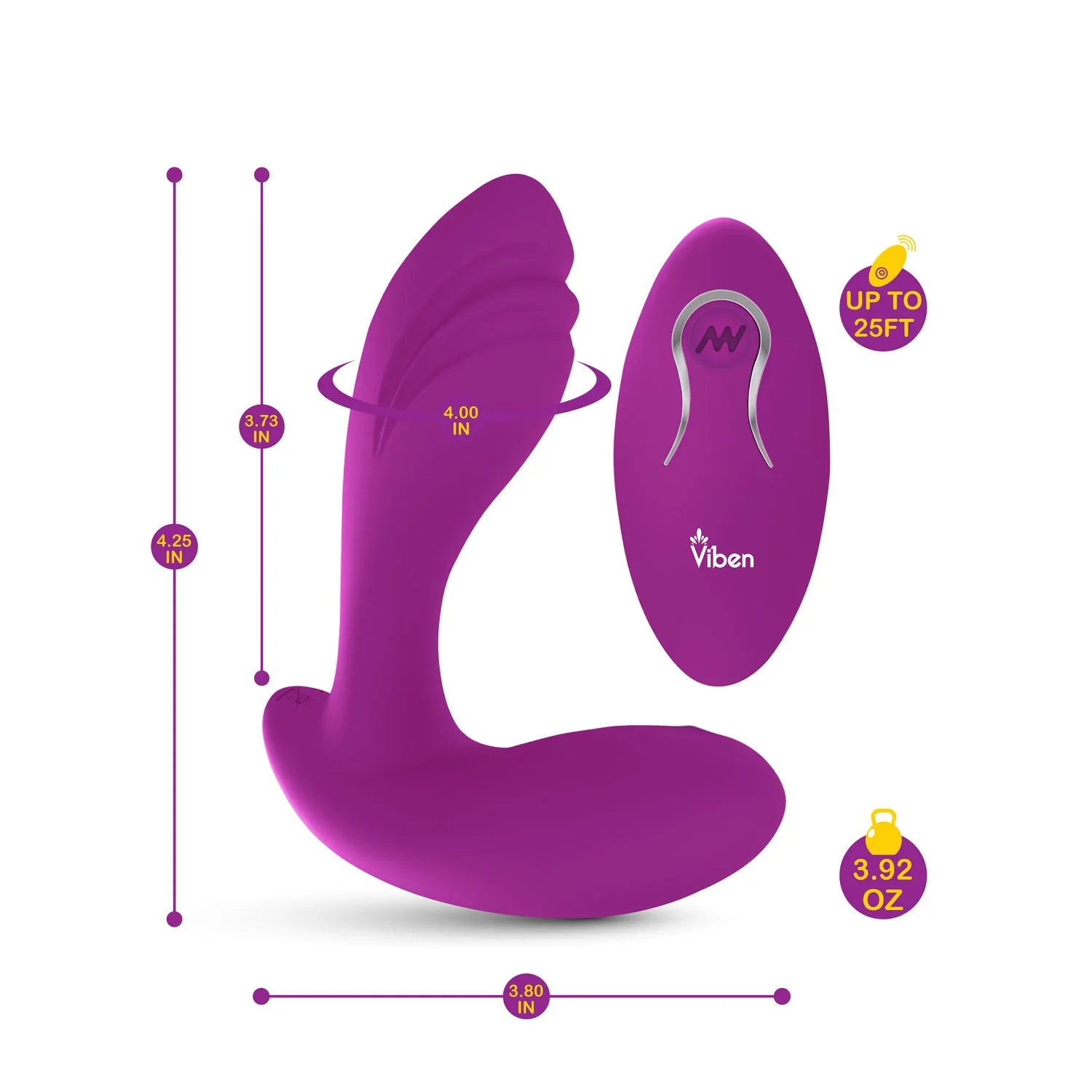 Purple toy with measurements and 'Viben' branding on a white background