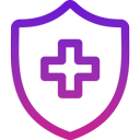 Purple shield icon with a plus sign inside on a transparent background