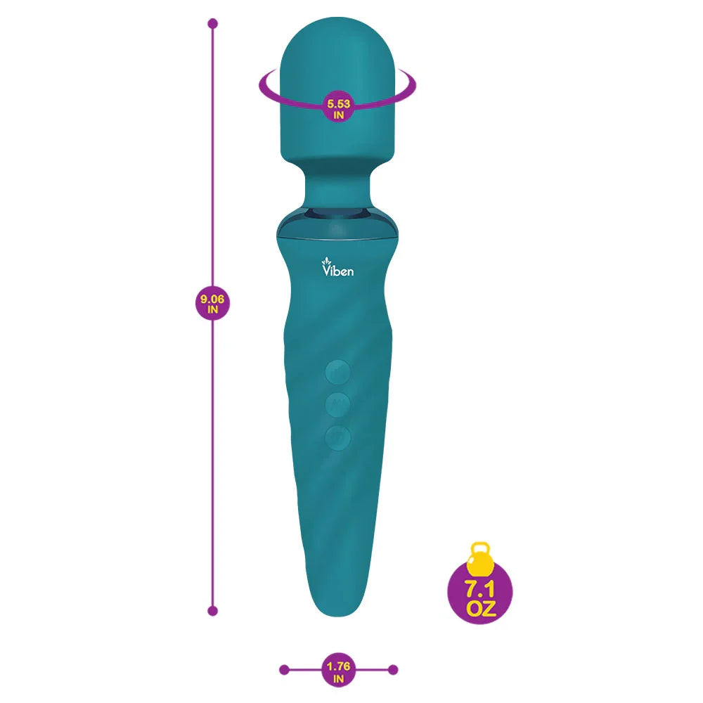 Teal Viben massager with measurements on a white background