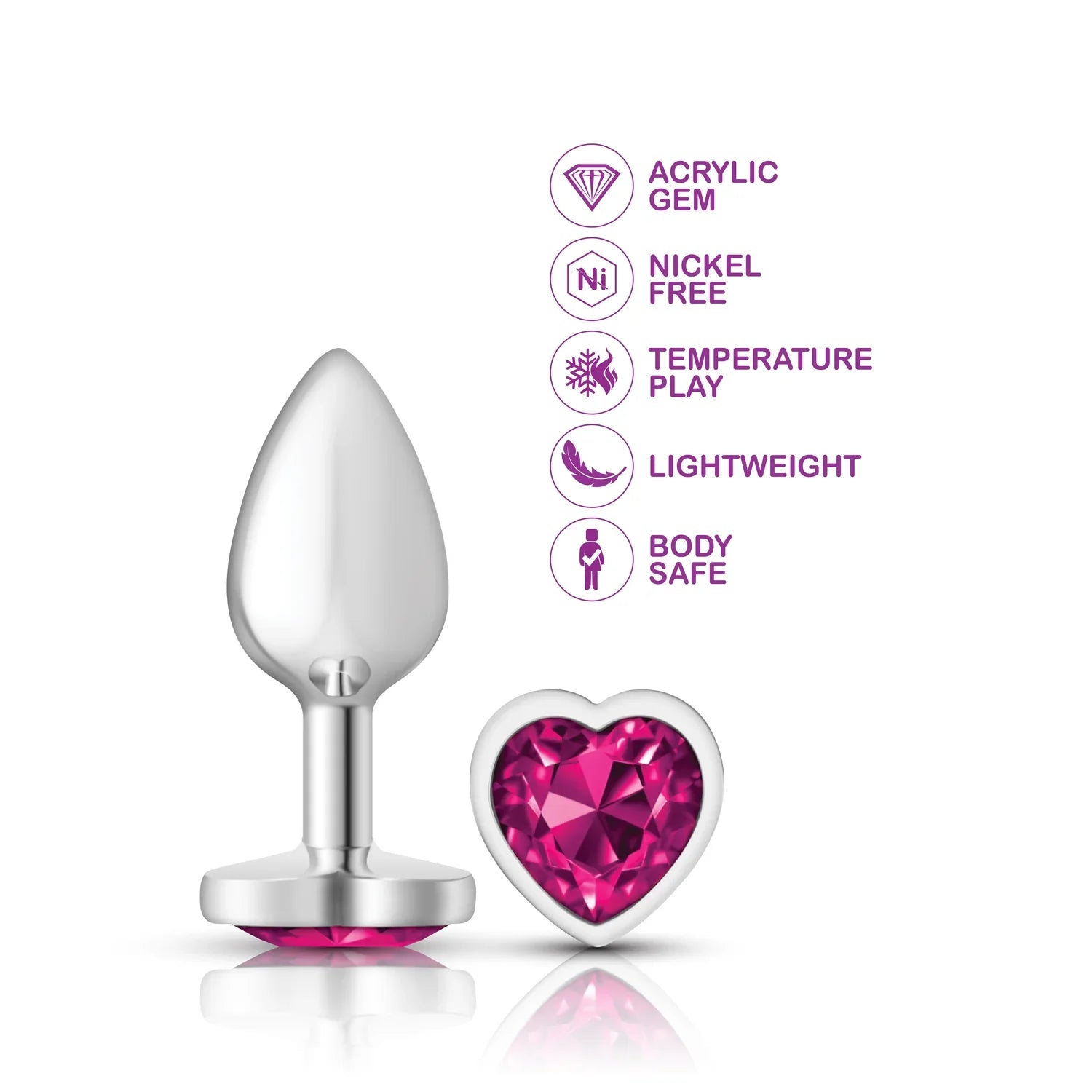 Butt plug with pink heart-shaped gem and silver base on a white background