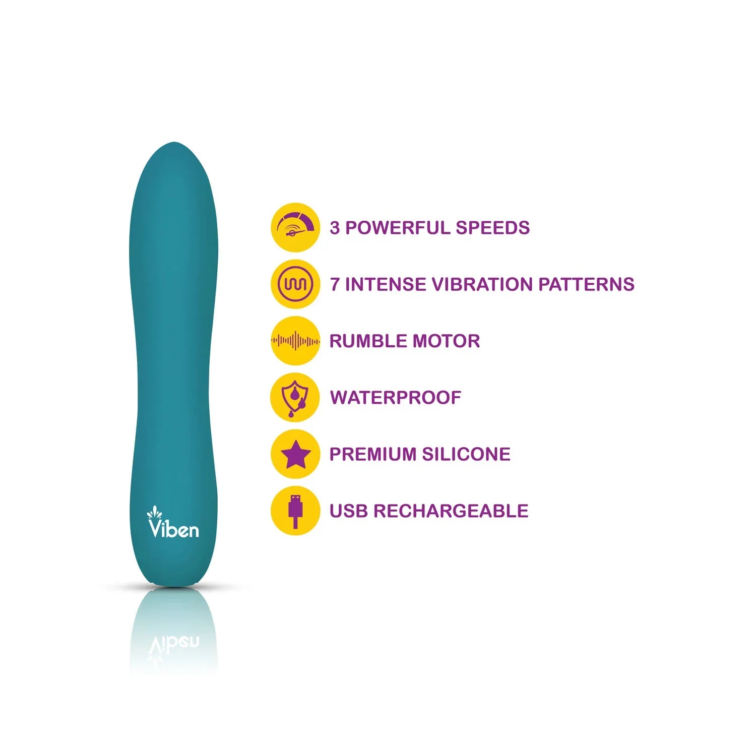 Teal Viben product with features listed on a white background