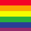 Rainbow flag with horizontal stripes in red, orange, yellow, green, blue, and purple.