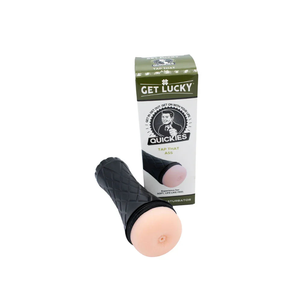 Sexual product with packaging labeled 'Get Lucky Quickies' on a white background