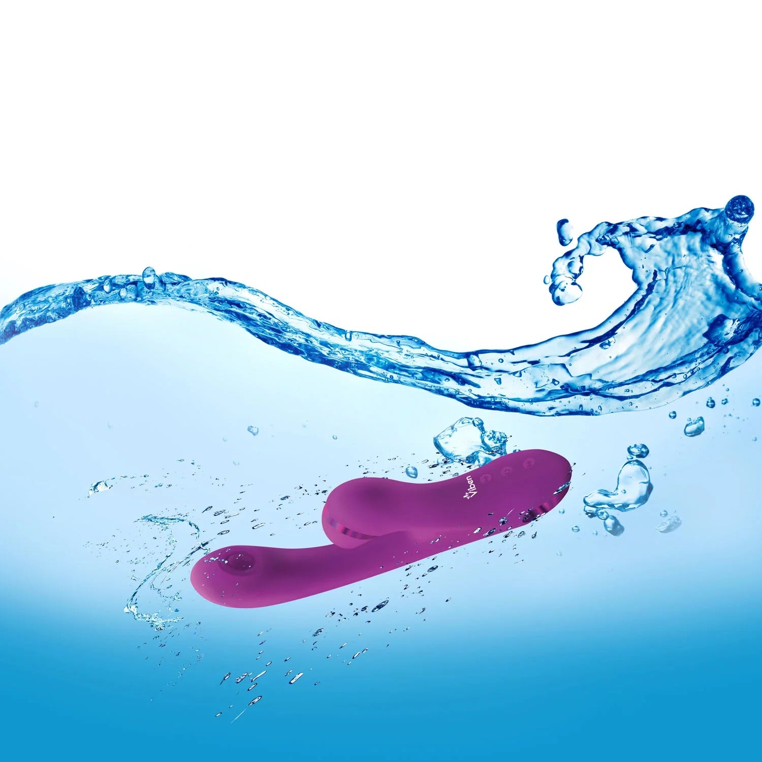 Purple object with 'Viben' branding splashing in water on a white background