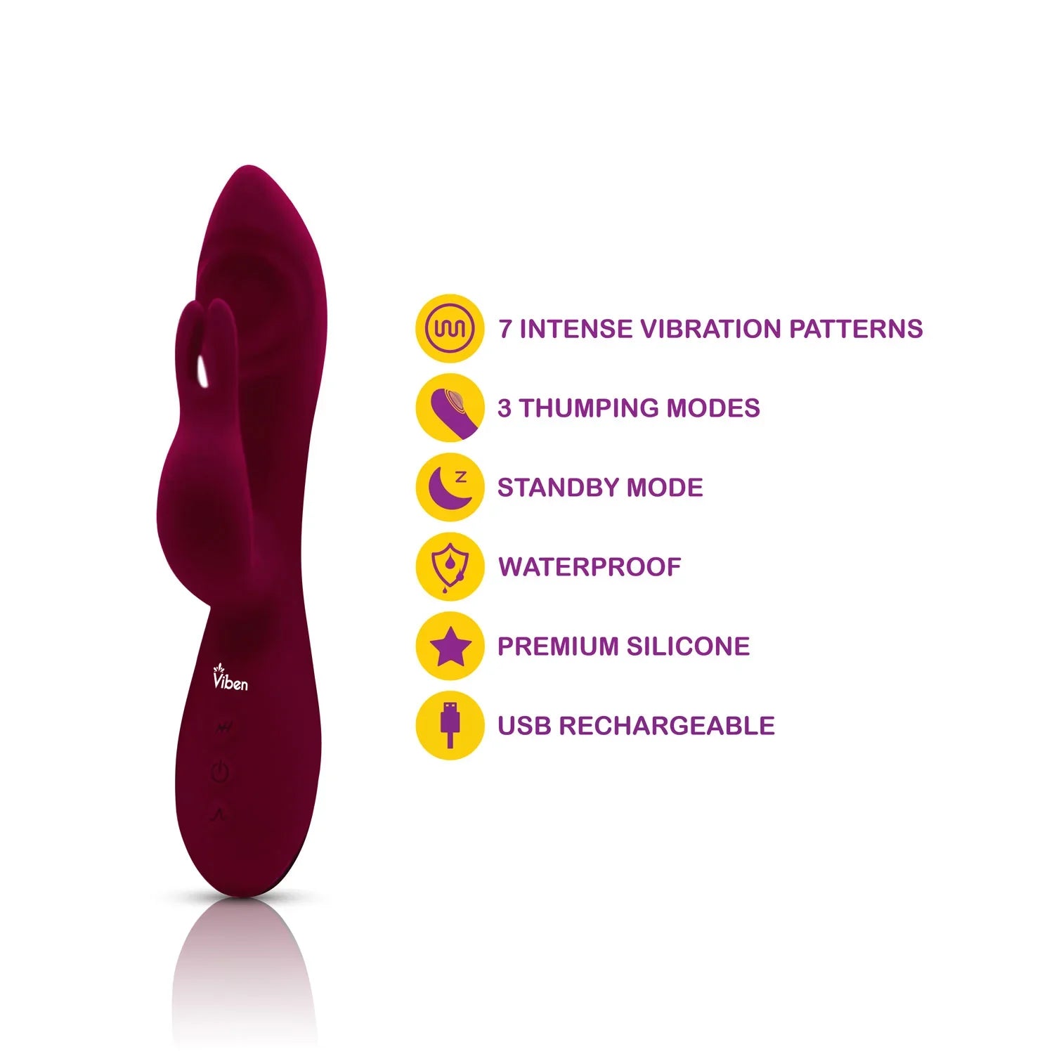 Red Viben massager with features listed on a white background