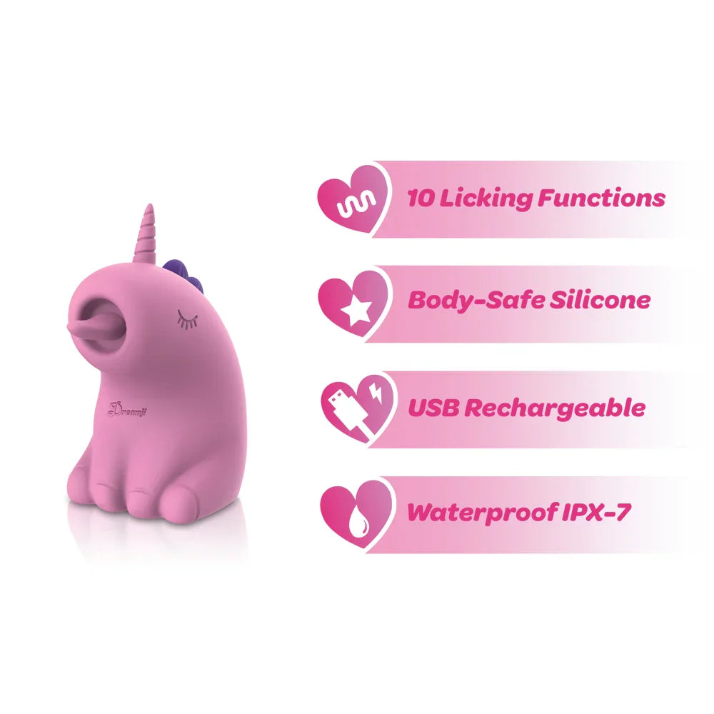 Pink unicorn-shaped vibrator with features listed on a white background