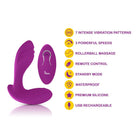 Purple toy with features listed on a white background