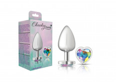 Cheeky Charms-Silver Metal Butt Plug- Heart-Clear-Large